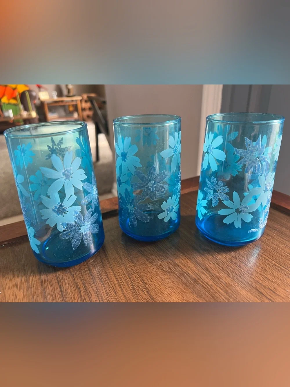 Vintage MCM Anchor Hocking (?) Misty Blue Floral Daisy Etched Glasses - set of 3